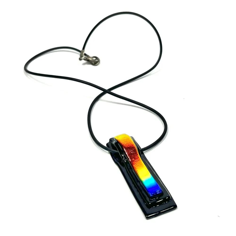 LGBTQ Pride Rainbow Dichroic Glass Pendant Necklace Black Fused Glass Art‎
